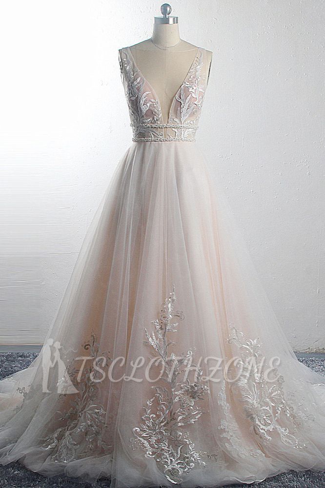 TsClothzone Sexy Deep-V-Neck Sleeveless Tulle Wedding Dress Ruffles Appliques Beadings Bridal Gowns with Sash On Sale