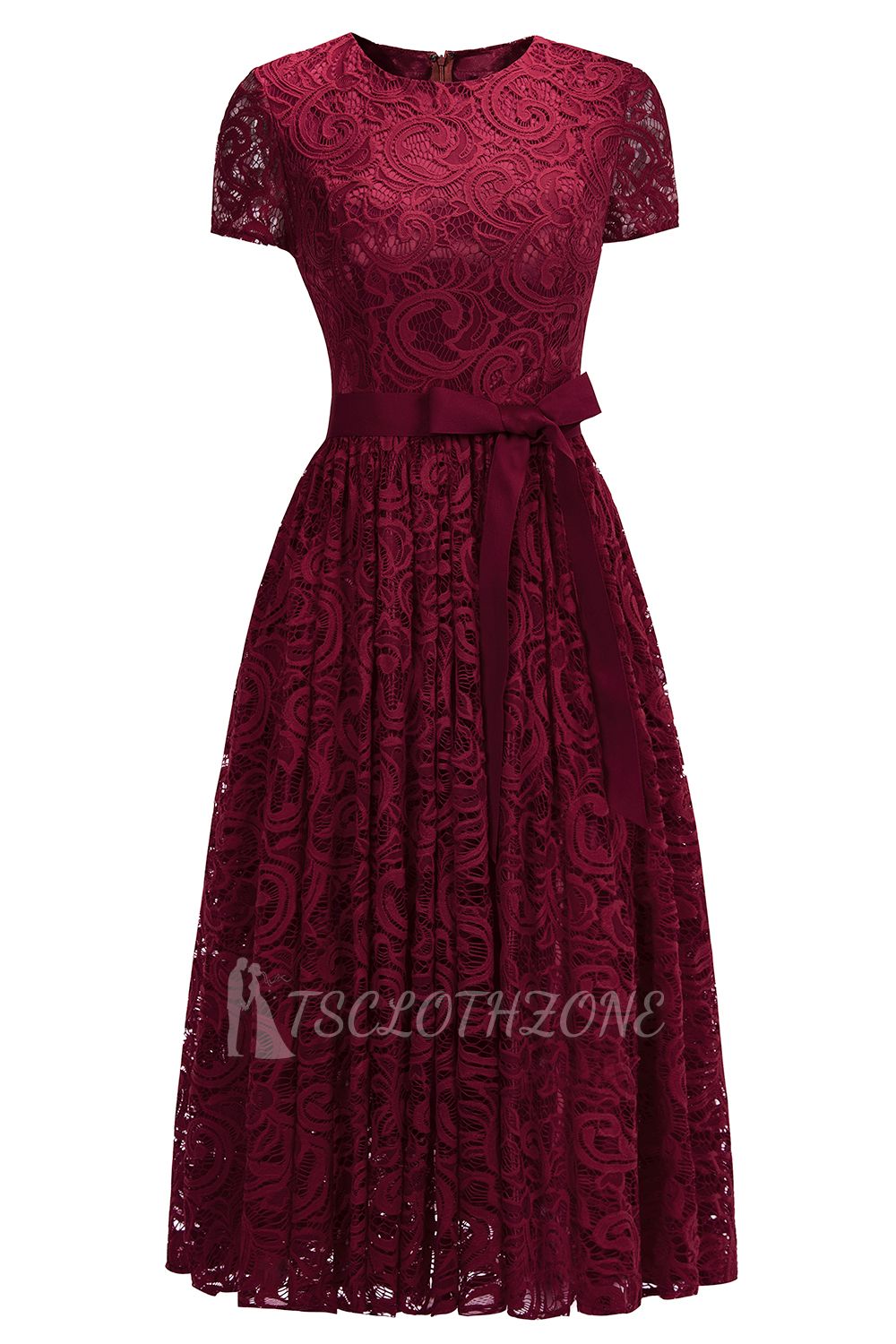 Short Sleeves Seath Red Lace Dresses with Ribbon Bow