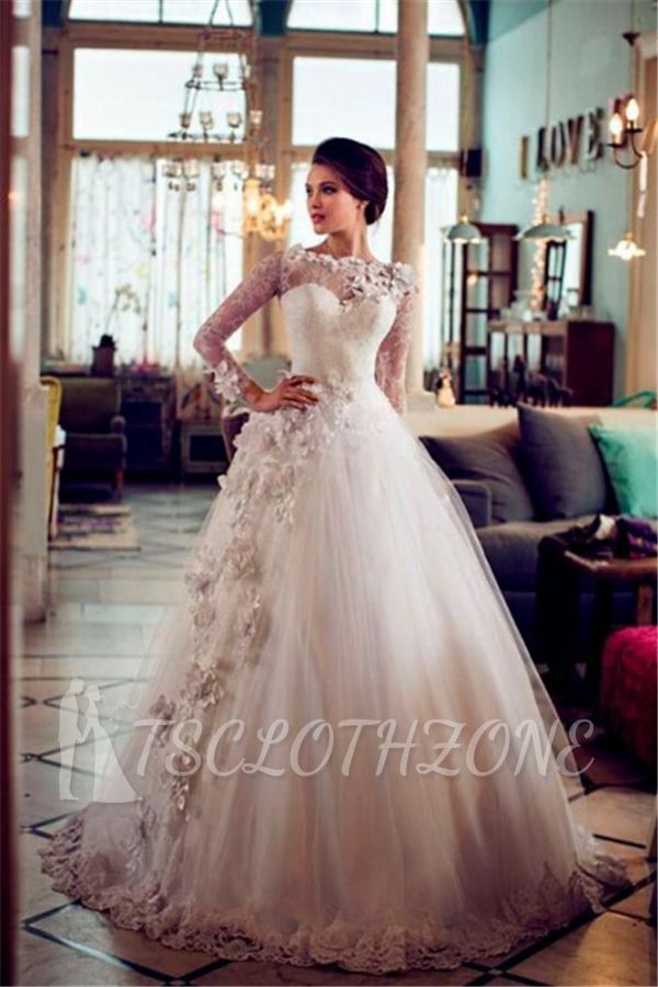 A-line Long Sleeves Floral Appliques Tulle Wedding Dresses