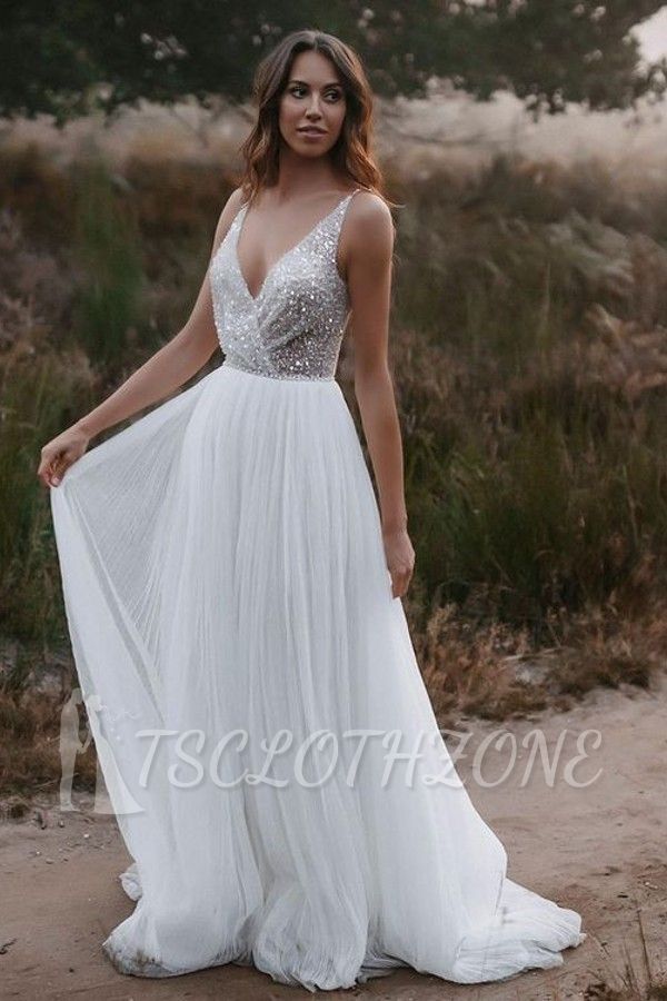 Boho V Neck Sleeveless Tulle Wedding Dress | Wedding dresses A line