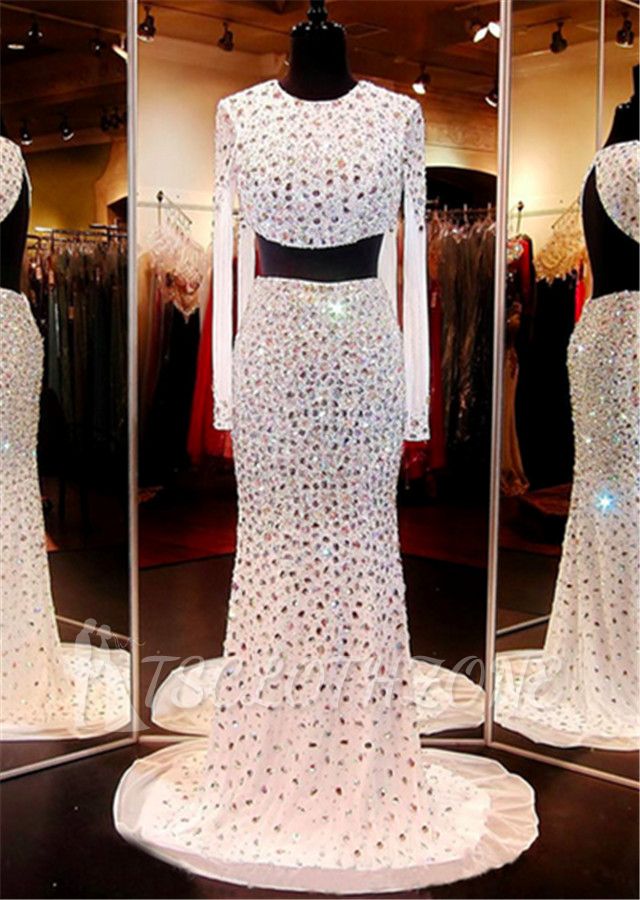 Crystal Halter Long Sleeve Two Pieces Evening Dress Luxurious Backless Rhinestones Dresses for Women