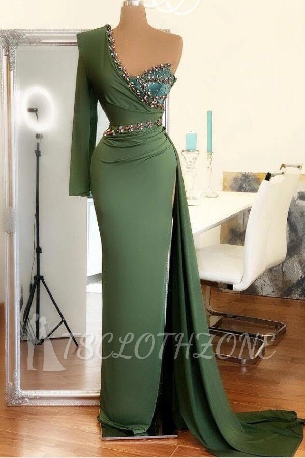 Stylish One Shoulder Mermaid Evening Gown Green Party Dress