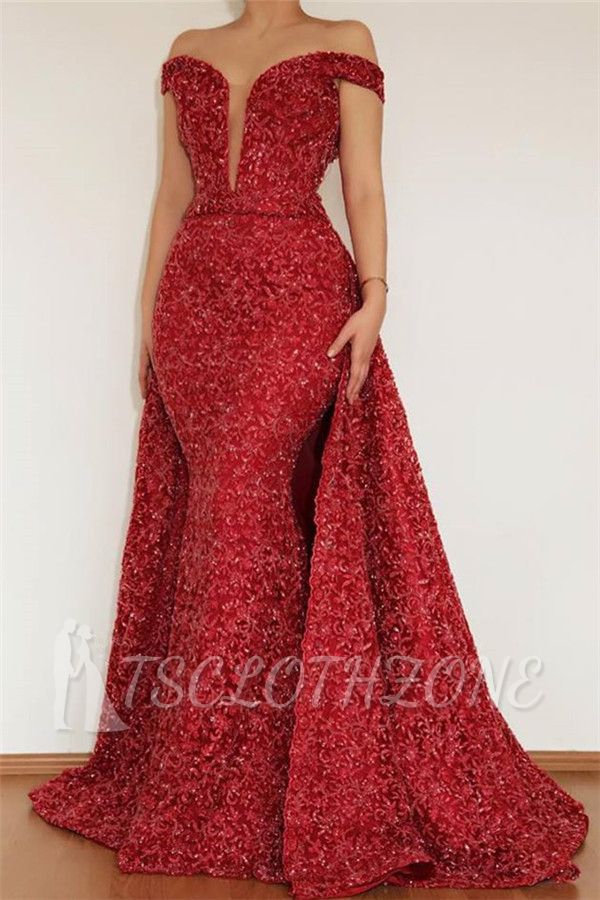 Burgundy Glamorous Mermaid Off The Shoulder Lace Appliques Prom Dress With Detachable Skirt