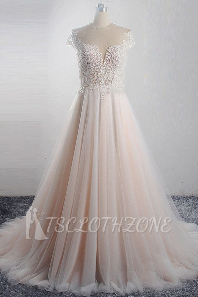 TsClothzone Elegant Jewel Tulle Lace Wedding Dress Short Sleeves Appliques Ruffles Bridal Gowns On Sale