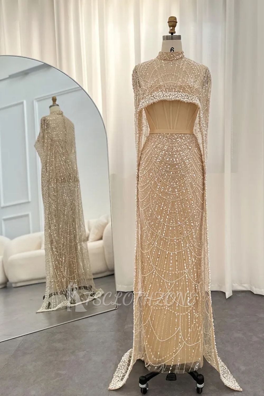 Luxuriöses, durchsichtiges Abendkleid aus Dubai mit Perlen, Cape-Ärmeln, Champagner-Meerjungfrau-Hochzeitskleid