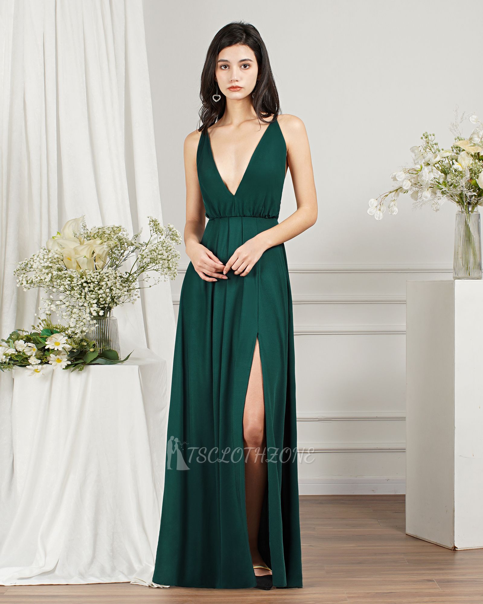Dunkelgrüne V-Ausschnitt Seitenschlitz bodenlange Ballkleider | Abendkleider mit langem V-Ausschnitt