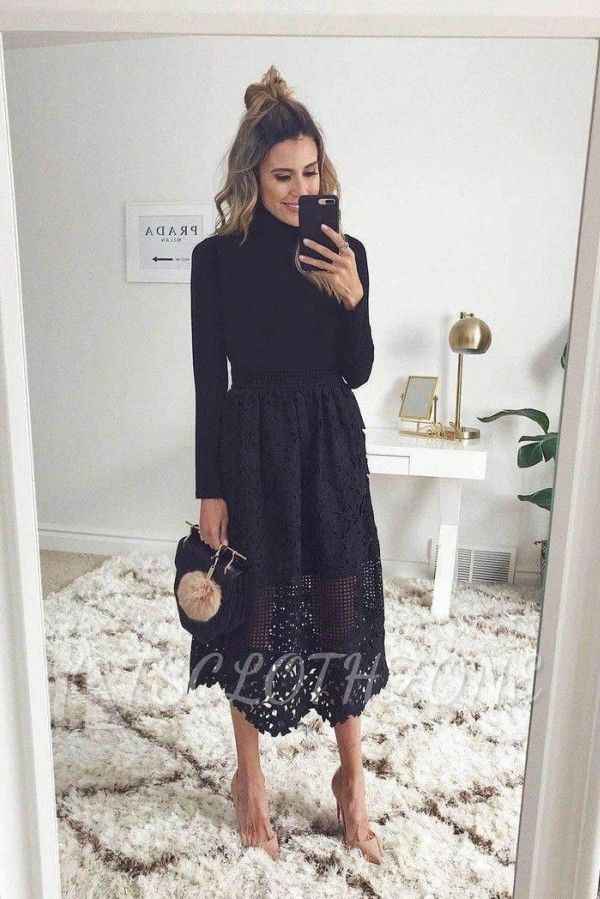 Black Long sleeves lace Ankle length Summer Homecoming Dress