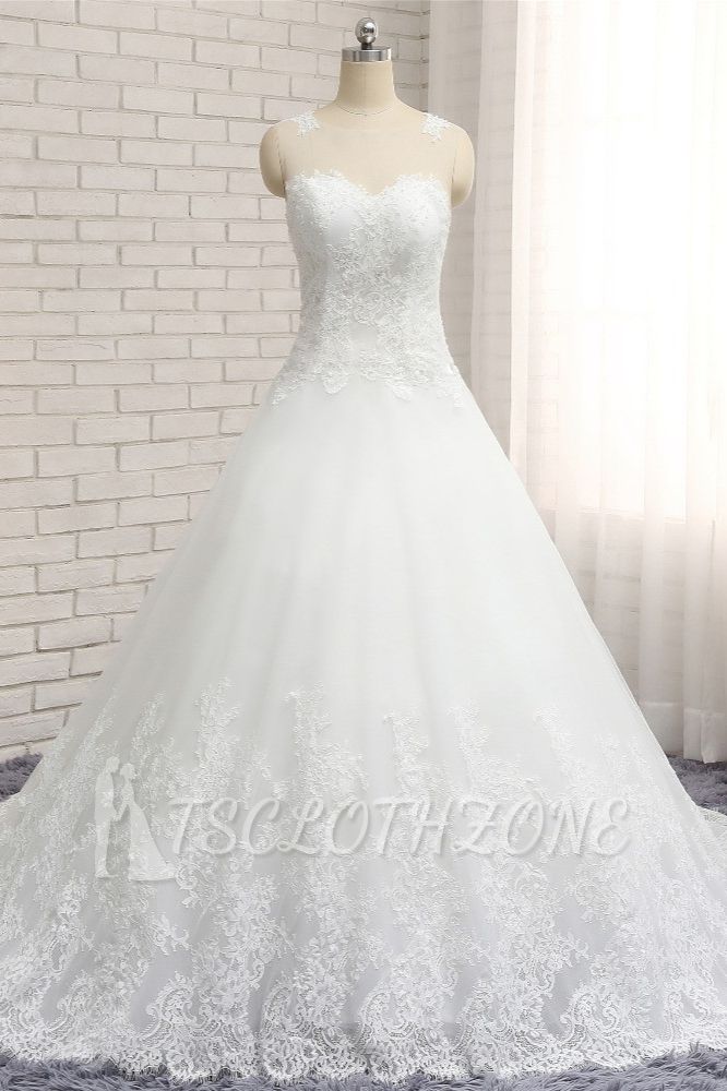 TsClothzone Chic White A-line Tulle Wedding Dresses Jewel Sleeveless Ruffle Bridal Gowns With Appliques On Sale