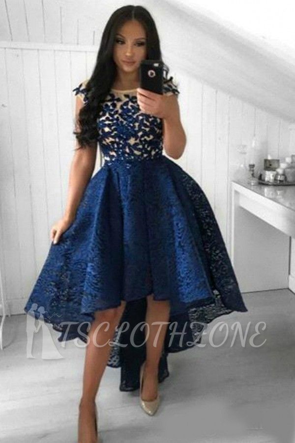 Amazing Sleevless Lace Navy  Blue Hi-Lo Party Dress