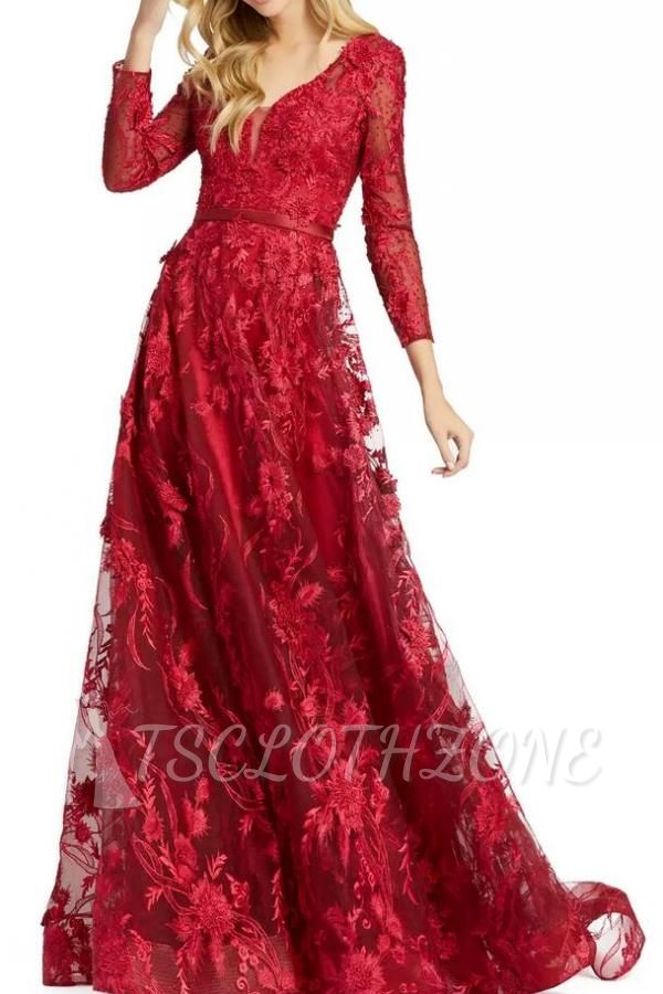 Elegant Red Long Sleeve Floral Lace Evening Dress