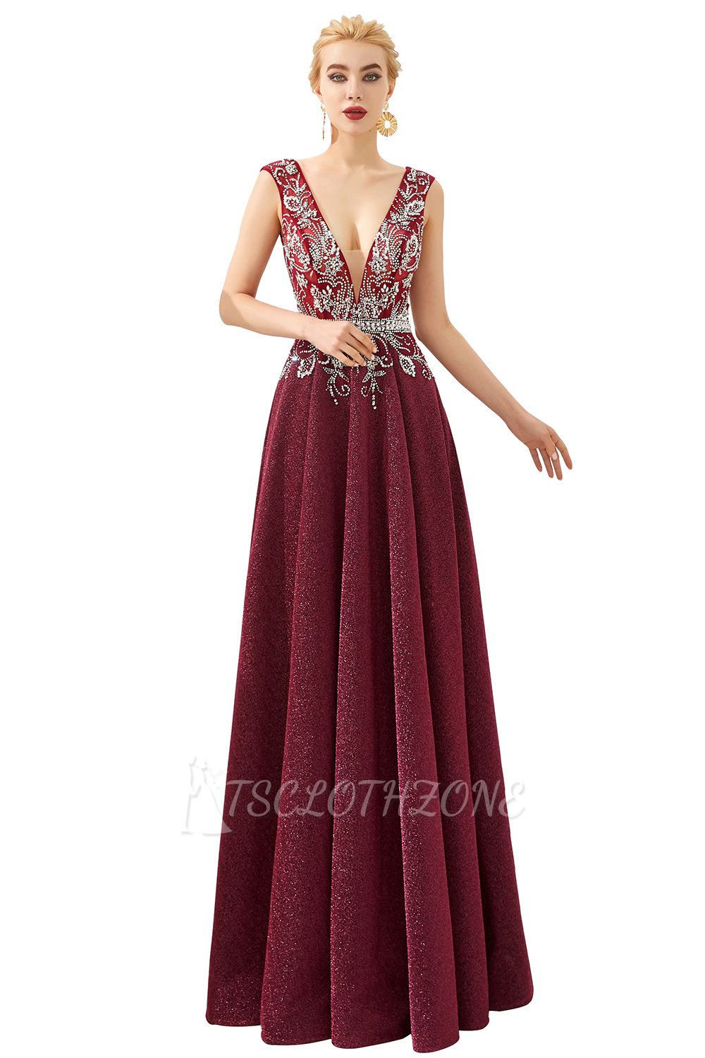 Caitin Catherine | Sexy V-neck Burgundy Sparkle Prom Dresses, Custom made Sleeveless Backless Evening Gowns