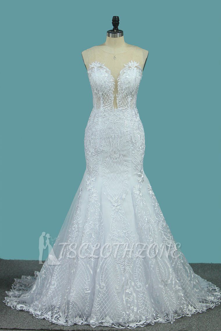 TsClothzone stilvolles Juwel ärmelloses weißes Tüll-Hochzeitskleid Meerjungfrau-Applikationen Brautkleider mit Wickeln online