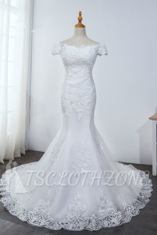 TsClothzone Erschwingliche Off-the-Shoulder-Meerjungfrau-Weiß-Hochzeitskleid mit kurzen Ärmeln Tüll-Applikationen Brautkleider im Angebot