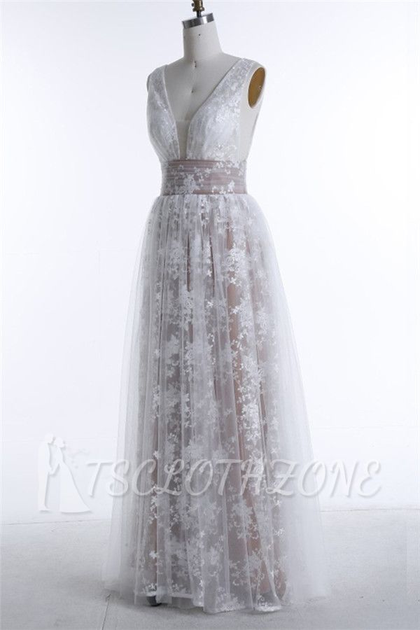 2022 Sleeveless Formal Dress Deep V-neck Lace Tulle Prom Dress