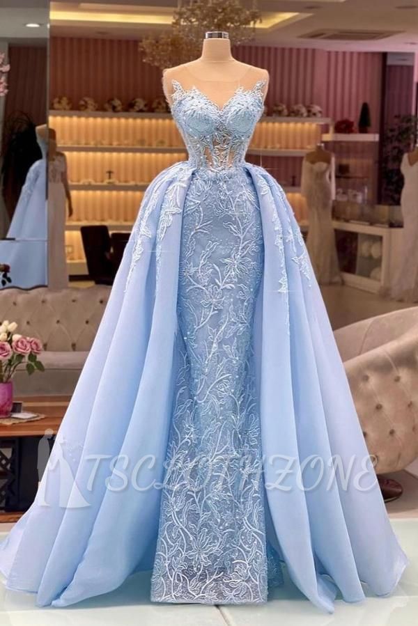 Design Blue Long Lace Prom Dresses Evening Gowns