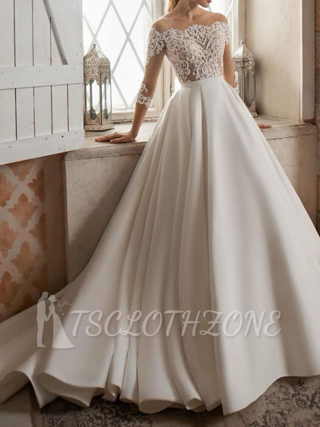 Formal A-Line Wedding Dress Bateau Lace Satin 3/4 Length Sleeves Bridal Gowns with Sweep Train