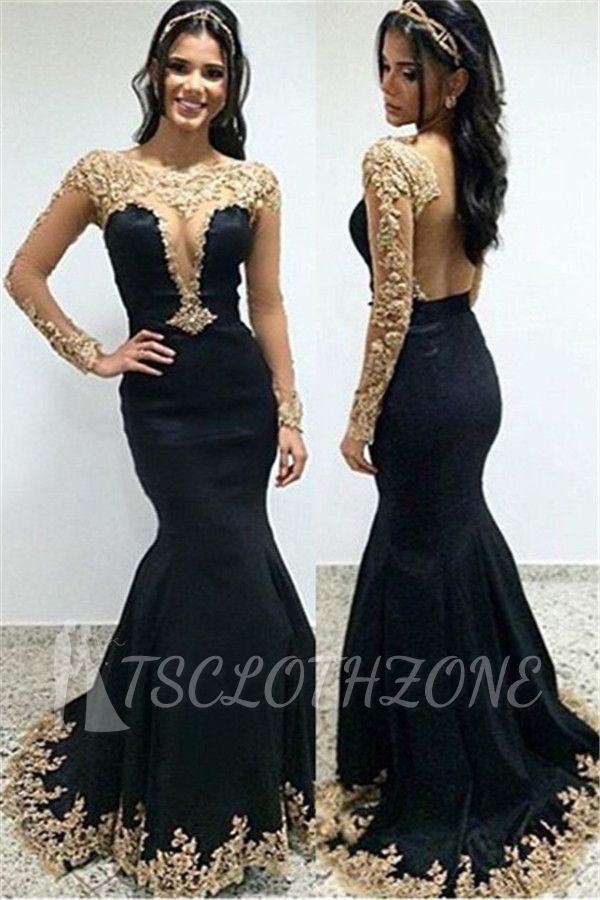 Champagne Gold Lace Appliques Prom Dress | 2022 Mermaid Long Sleeve Evening Gown