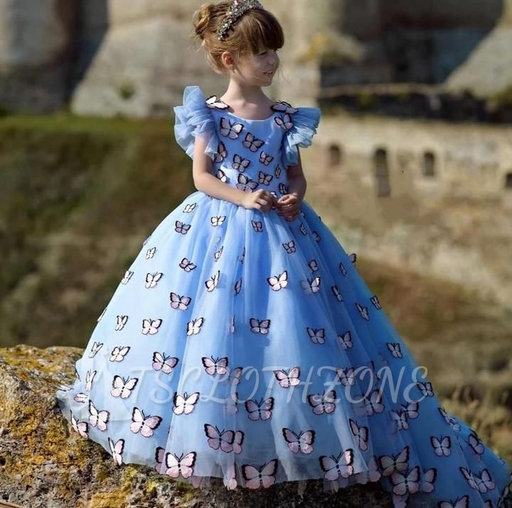 Chic Jewel Cap Volant Ärmel Puffy Flower Girl Kleider mit handgemachten Schmetterlingen | Langes Mädchen Festzug Kleid