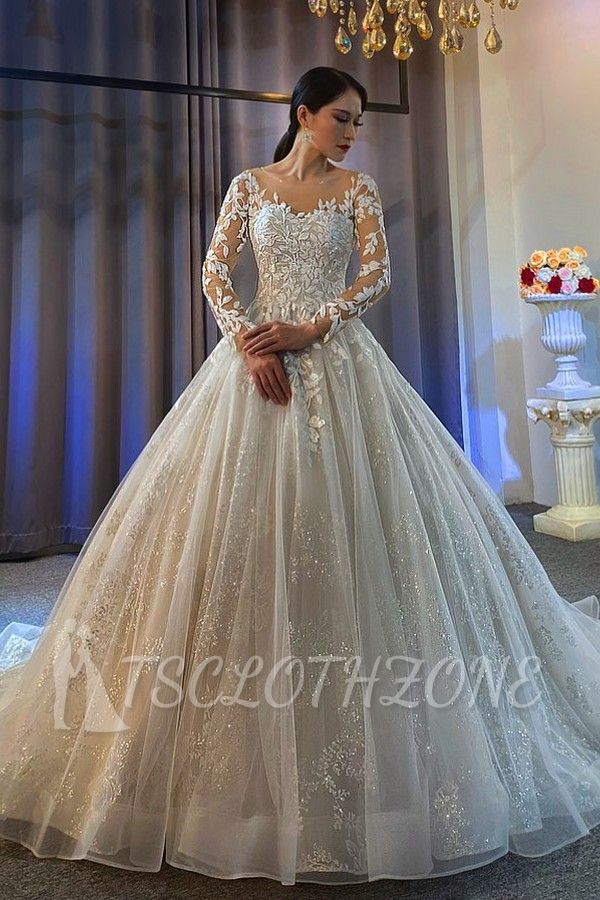 Gorgeous Long  Sleeves White/Ivory Floral Lace Appliques Bridal Gowns for Women