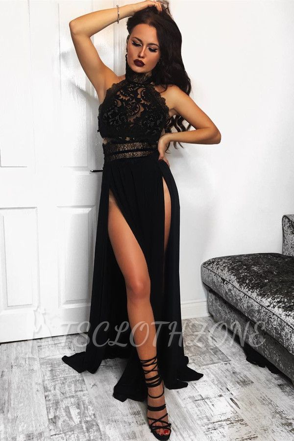 Halter Black Lace Sexy Evening Dresses Cheap | Sleeveless Open Back Prom Dress 2022 with Slits