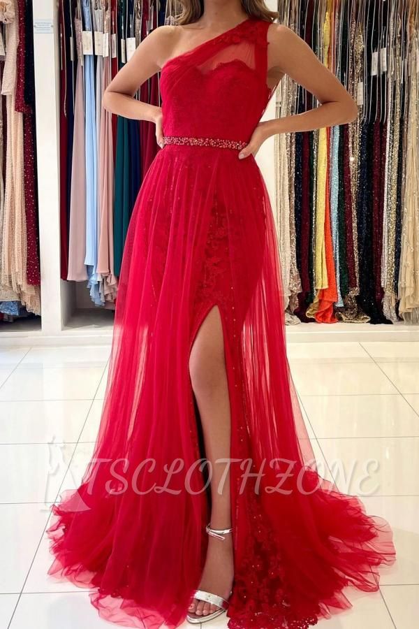 Charming One Shoulder Tulle Evening Prom Dress with detacable train side slit