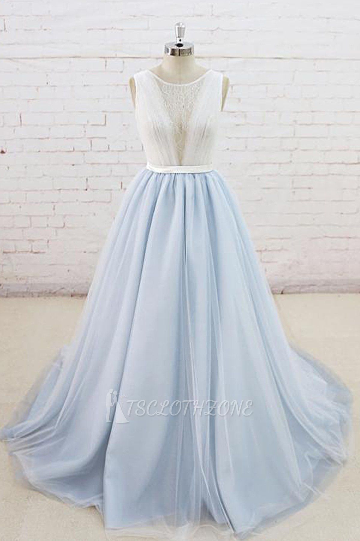 TsClothzone Wunderschönes hellblaues Tüll-Spitzen-Hochzeitskleid Sheer Back Sommer-Brautkleider im Angebot