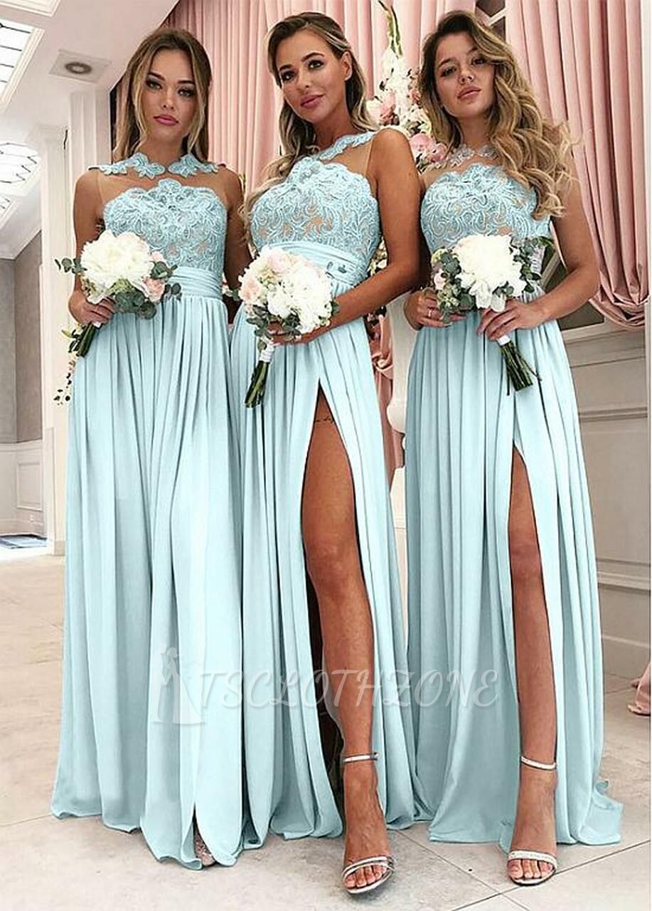 Shop Cheap Chiffon Jewel Blue A-line Bridesmaid Dresses With Lace Appliques