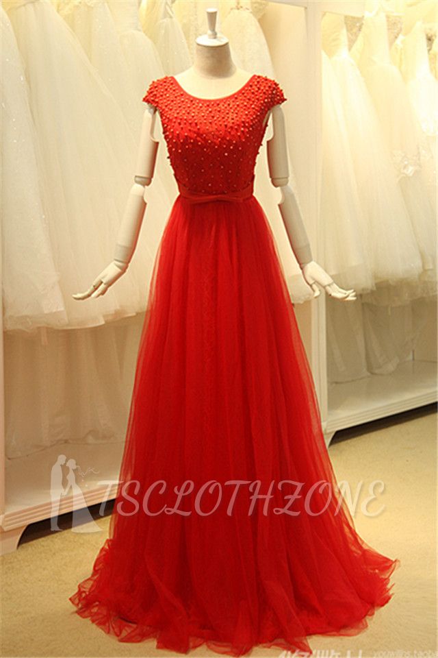 Short Sleeve Red Tulle Lace Long Prom Dresses with Beadings Open Back Elegant Designer Zipper Custom Dresses for Juniors