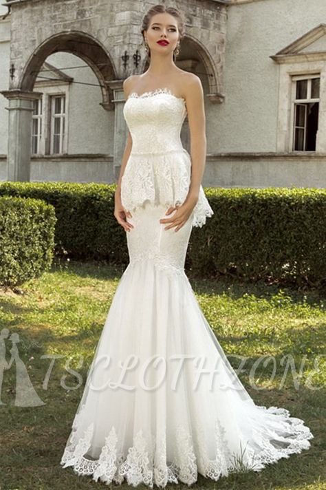 Gorgeous Mermaid Lace Bridal Dress Strapless 2022 Tulle Sweep Train Wedding Dress