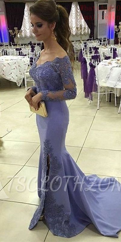 Appliques 2022 Off-the-Shoulder Mermaid Side-Slit Long-Sleeves Elegant Prom Dress
