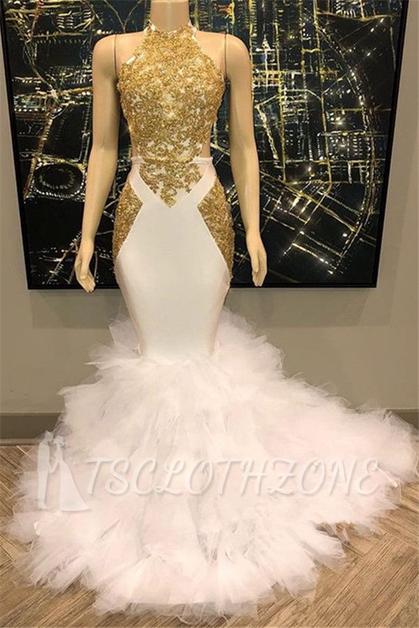 2022 Open Back Gold Lace Sexy Prom Dress on Mannequins | Mermaid Ruffles Cheap Evening Gowns Online