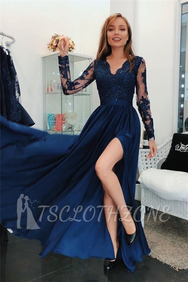 Simple  Applique Hot V-Neck Prom Dresses | Side slit Sleeveless Sexy Evening Dresses with Sparkly Beads