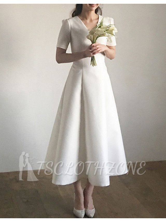 Vintage A-Line Wedding Dress V-Neck Satin Short Sleeve Formal Simple Plus Size Bridal Gowns Sweep Train