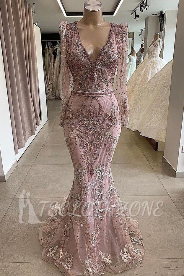 Gorgeous Mermaid Lace Beading V Neck Long Sleeves Prom Dresses | Evening Gowns With Beading Waistband