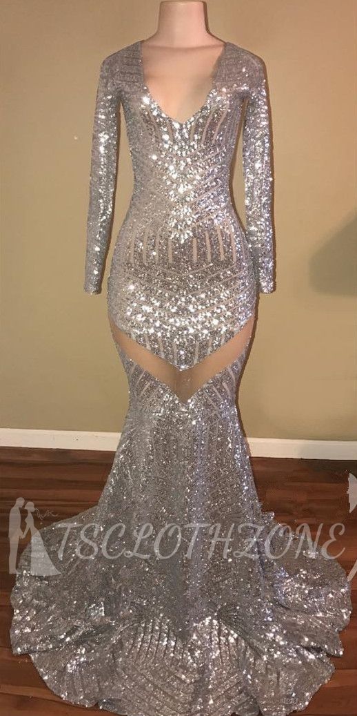 Sexy Sequined Silver Prom Dresses | V-Neck Long Sleeveless 2022 Evening Dresses
