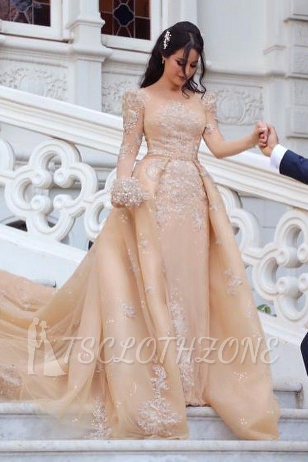 Long Sleeve Appliques Sheath Wedding Dresses | Detachable Lace Train Bridal Gowns