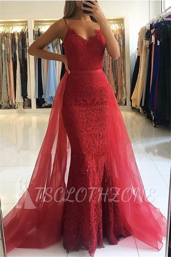 Red Sheath Spaghetti Straps Evening Dresses 2022 | Sexy Lace OverSkirt Evening Dress