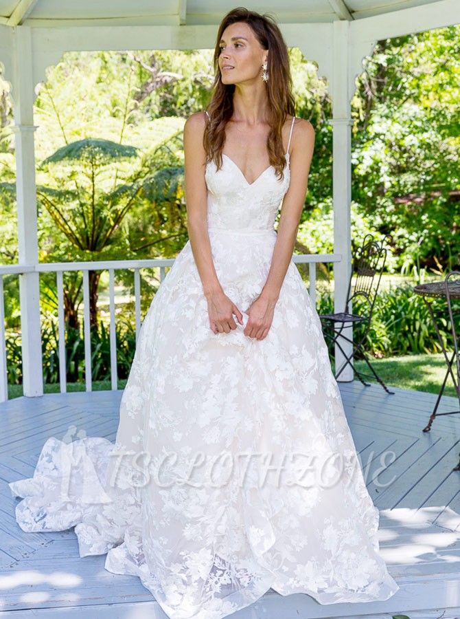 Classical White Spaghetti Strap SleevelessA-line Lace Appliques Bridal Dress