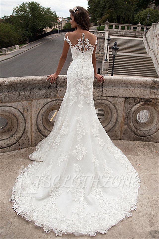 Sheath Sheer Top Wedding Dresses 2022 Lace Court Train Bridal Gowns with Buttons