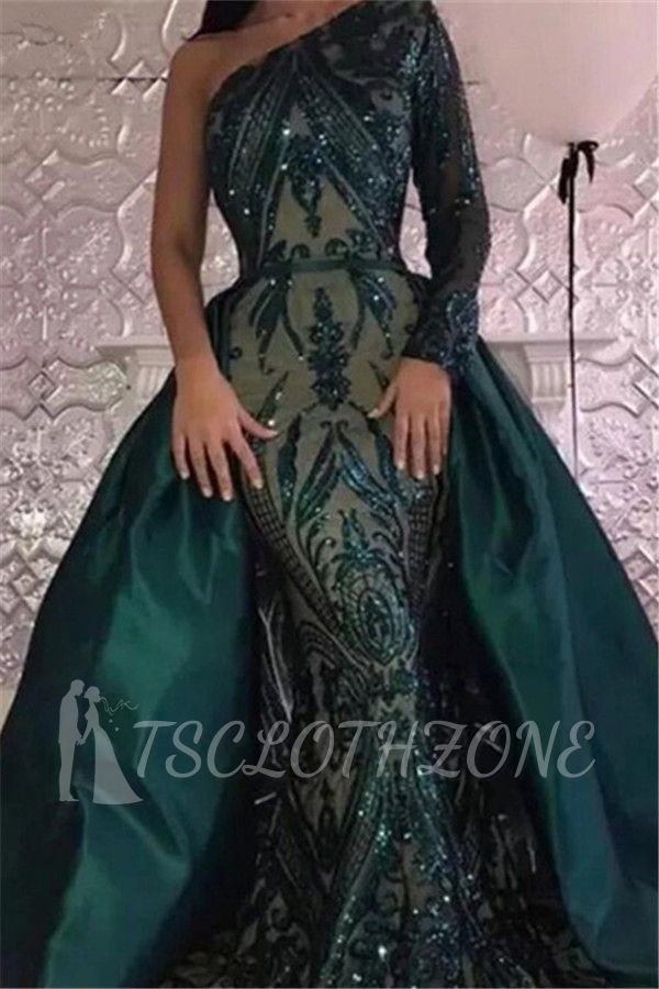 Emerald green One Shoulder Sequins Evening Dresses with Overskirt | Elegant Long sleeves Mermaid Prom Dresses