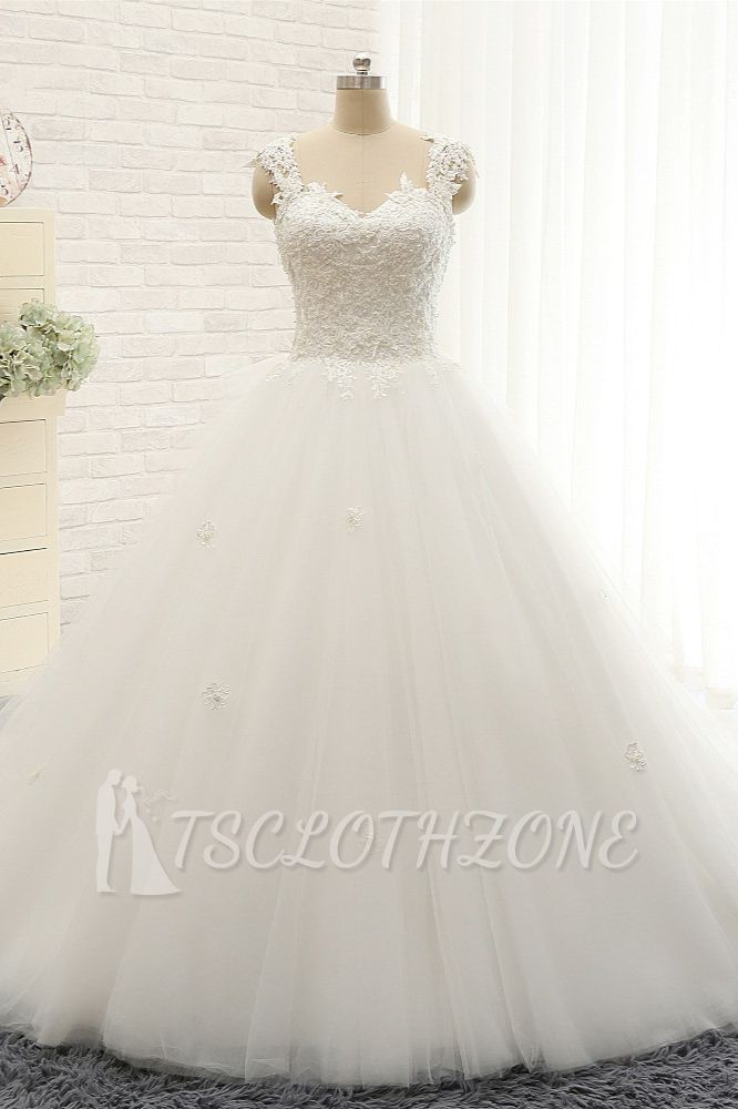 TsClothzone Chic Straps Sleeveless Tulle Wedding Dresses With Appliques White A-line Bridal Gowns Online
