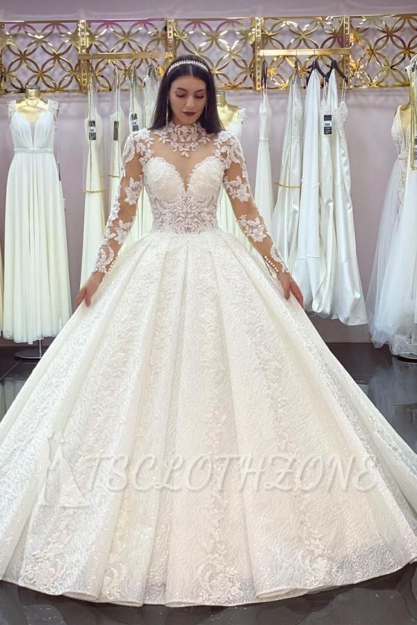 Gorgeous Long Sleeve White Lace Appliques Wedding Gown Bridal Dress