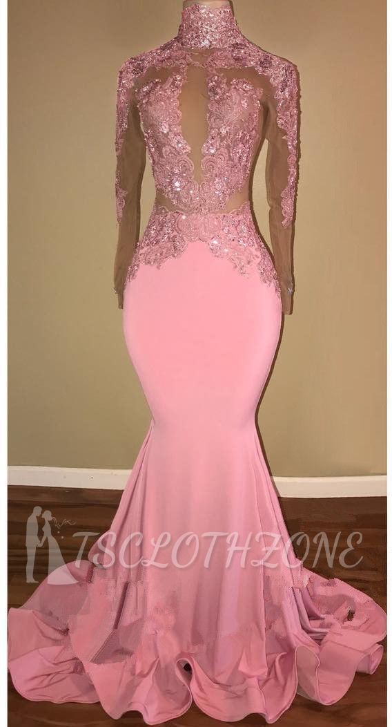 Candy Pink 2022 Long Sleeve Prom Dress Lace Mermaid Open Back Sexy Evening Gown