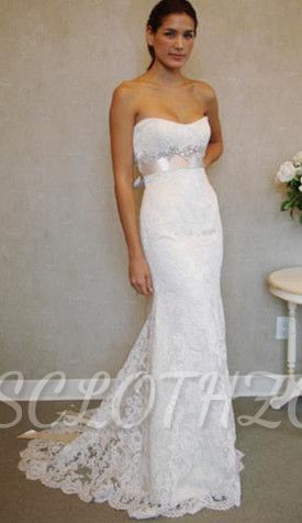 Empire Sexy White Lace Long Wedding Dress Popular Crystal Bowknot Sweep Train Bridal Gowns