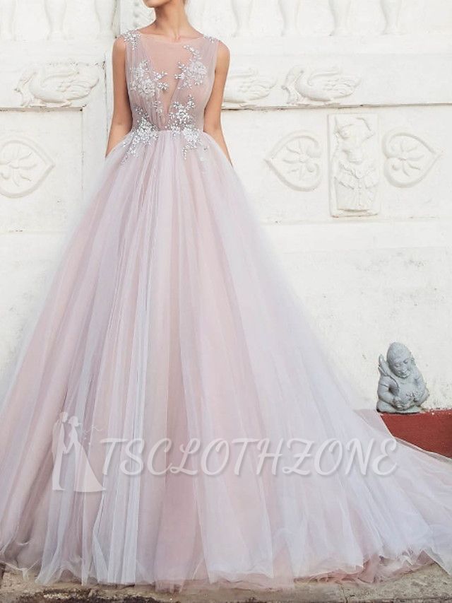 A-Line Wedding Dresses Jewel Tulle Polyester Sleeveless Bridal Gowns Country Plus Size Sweep Train