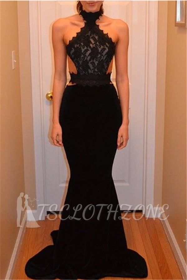 Sexy Mermaid Black Lace Evening Dresses 2022 High Neck Prom Gown