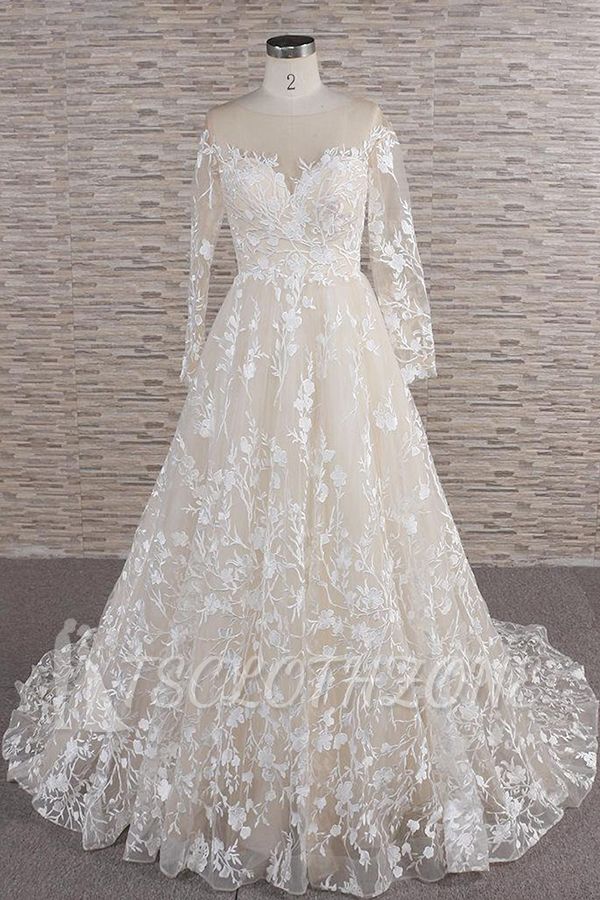 Glamorous Jewel Longsleeves Champagne Wedding Dress | A-line Lace Bridal Gowns With Appliques