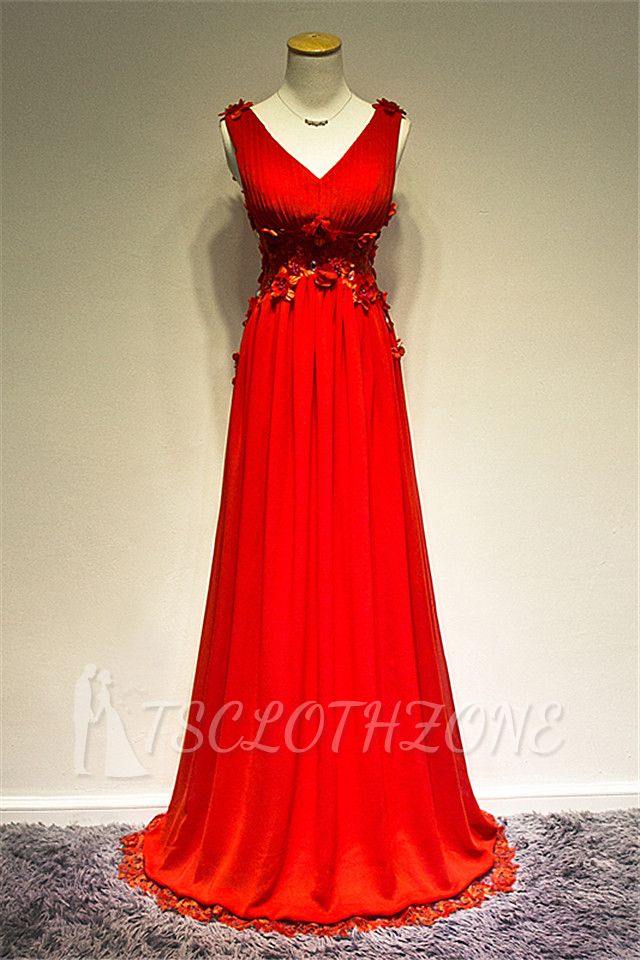 Applique Red V-neck Chiffon Sexy Evening Dress A-line Charming Sheer Back Sweep Train Party Dresses