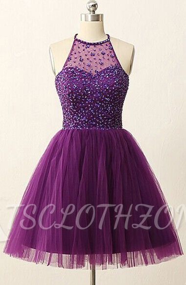 Purple Halter Crystal Mini Dresses A-Line Tulle 2022 Homecoming Gowns