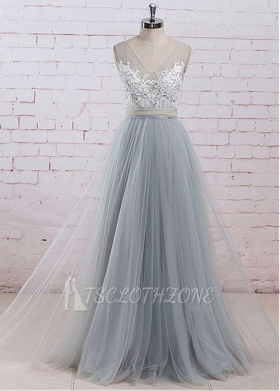 Gray See-through Bodice A-line Appliques Bridesmaid Dress